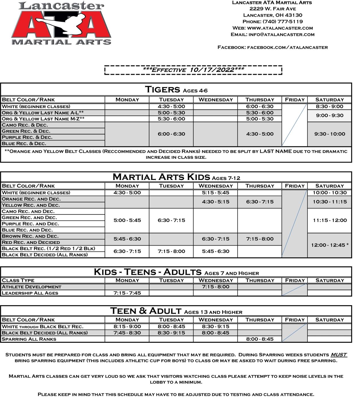 Class Schedule Lancaster ATA Martial Arts